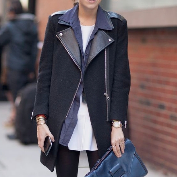 Sandro Jackets & Blazers - Sandro Black Wool & Leather Peacoat 36